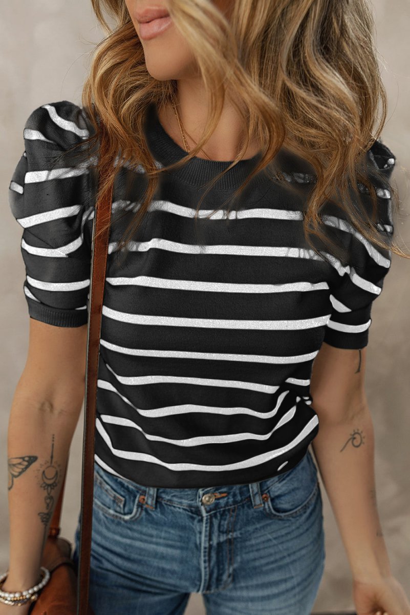 White Stripe Ribbed Trim Round Neck Bubble Sleeve Knitted Top - Love Salve 