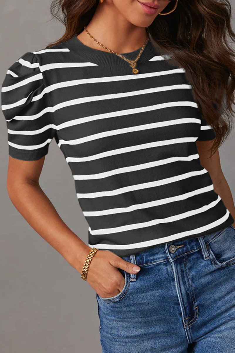 White Stripe Ribbed Trim Round Neck Bubble Sleeve Knitted Top - Love Salve 