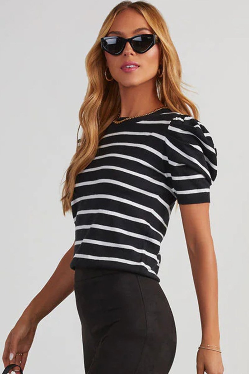 White Stripe Ribbed Trim Round Neck Bubble Sleeve Knitted Top - Love Salve 