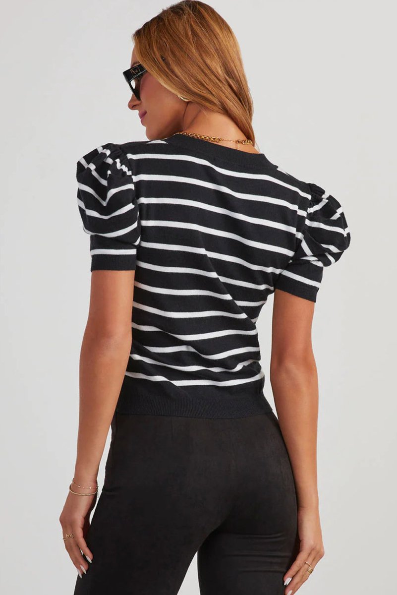 White Stripe Ribbed Trim Round Neck Bubble Sleeve Knitted Top - Love Salve 