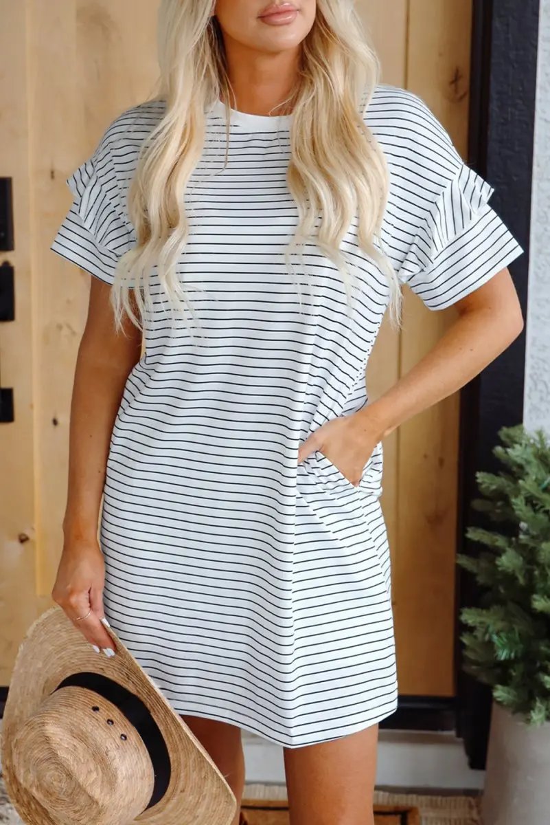White Stripe Ruffled Short Sleeve Crew Neck T Shirt Dress - Love Salve 