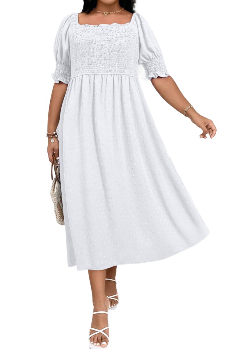White Swiss Dot Smocked Frilled Neckline Plus Size Dress - Love Salve