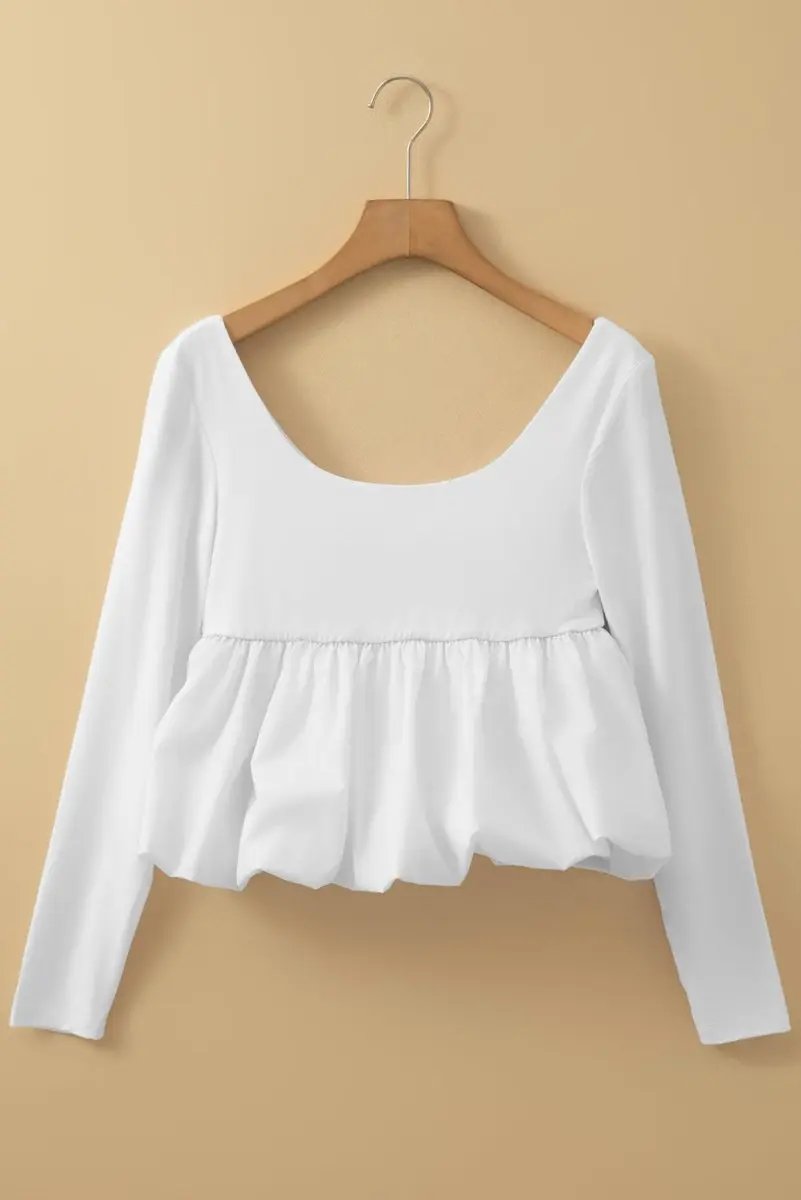 White U Neck Long Sleeve Bubble Hem Top for Women - Love Salve 