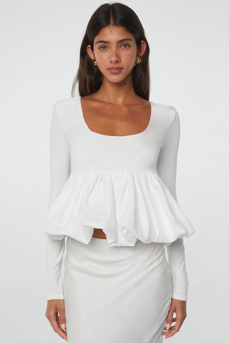 White U Neck Long Sleeve Bubble Hem Top for Women - Love Salve 