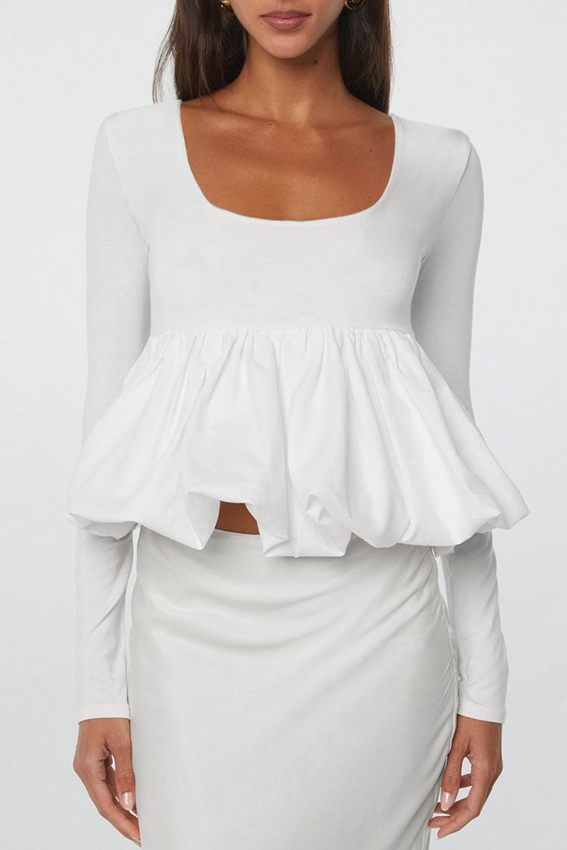 White U Neck Long Sleeve Bubble Hem Top for Women - Love Salve 