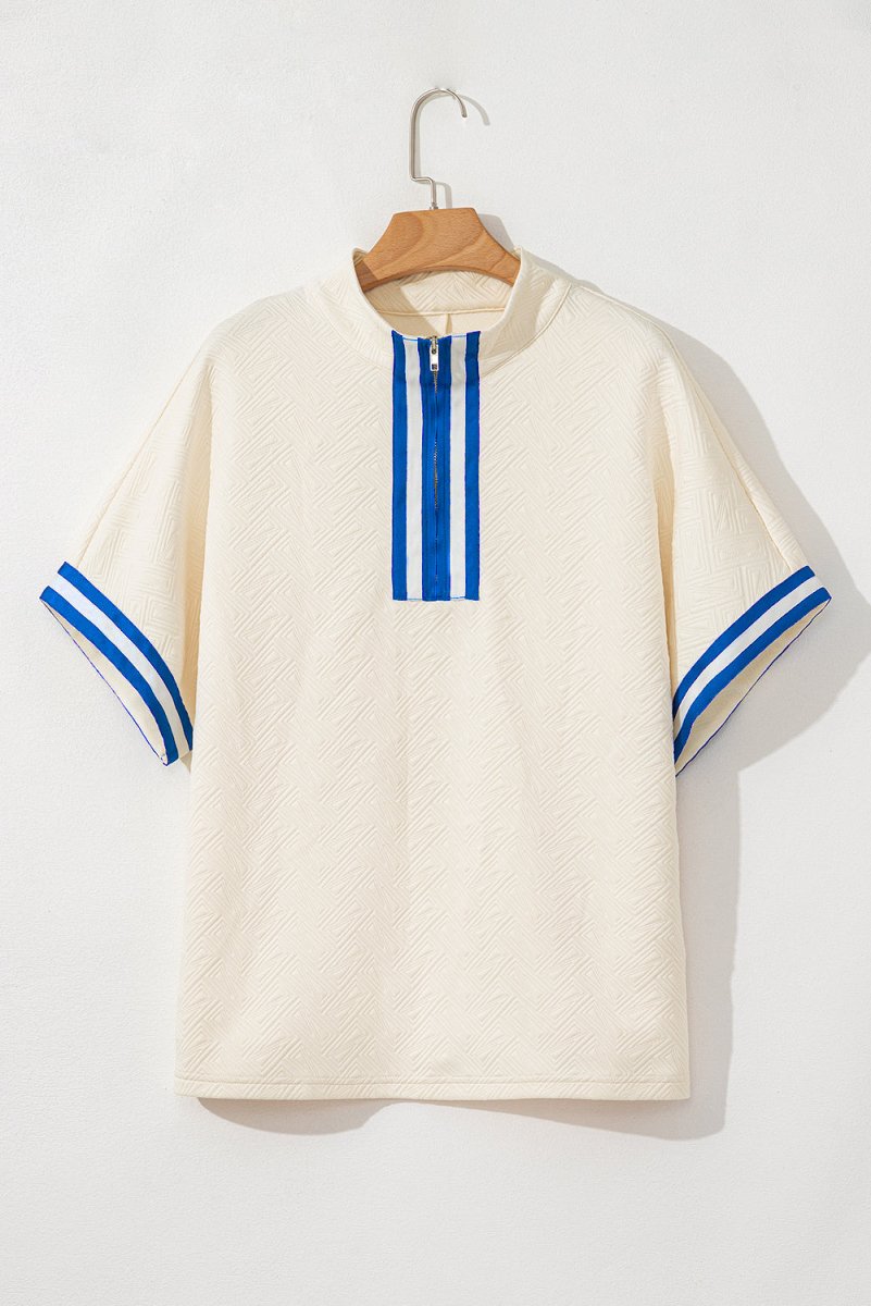 White Varsity Half Zip Textured Plus Size Top for Women - Love Salve 