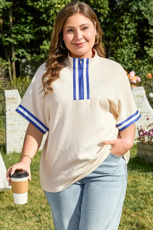 White Varsity Half Zip Textured Plus Size Top for Women - Love Salve 