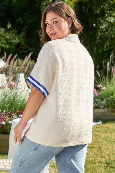 White Varsity Half Zip Textured Plus Size Top for Women - Love Salve