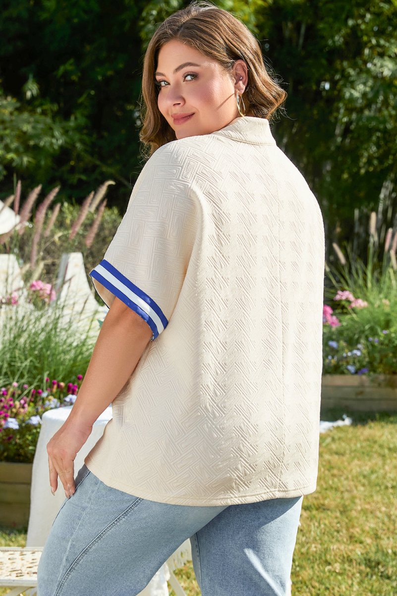 White Varsity Half Zip Textured Plus Size Top for Women - Love Salve 