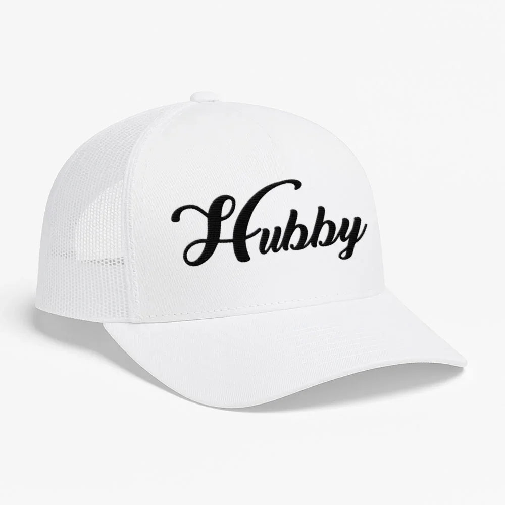 The Adorb.co Hubby Trucker Hat, a perfect men's hat to pair with other wedding or anniversary apparel and accessories.