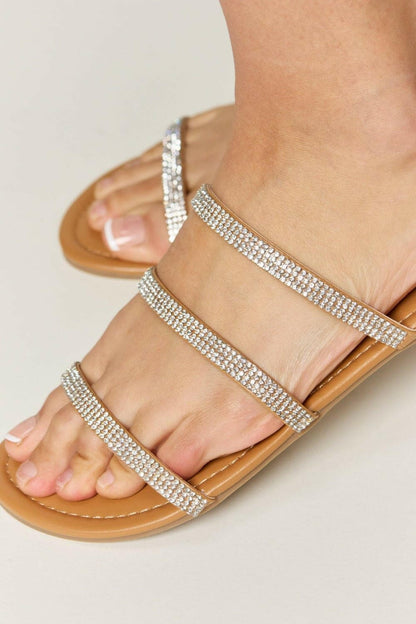 WILD DIVA Rhinestone Three-Strap Flat Sandals - Love Salve