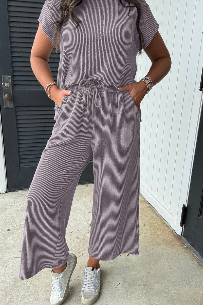 Wild Wind Solid Corded Knit Short Sleeve T Shirt Set - Love Salve