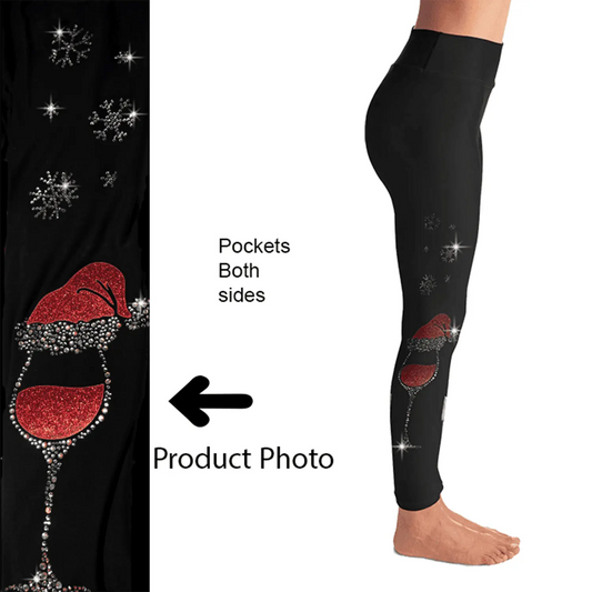 Santa Hat Wine Glass Leggings with Snowflakes & Pockets MM