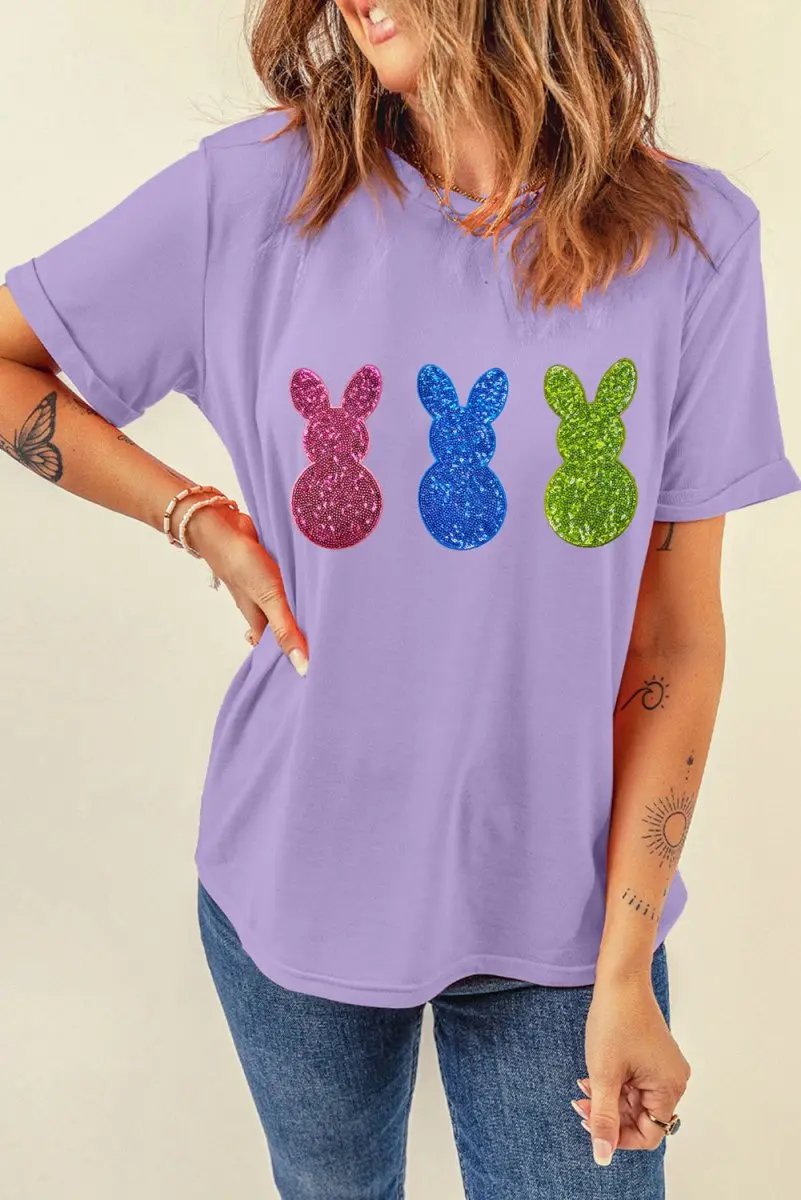 Wisteria Easter Shiny Bunny Graphic Crewneck T Shirt Casual - Love Salve 