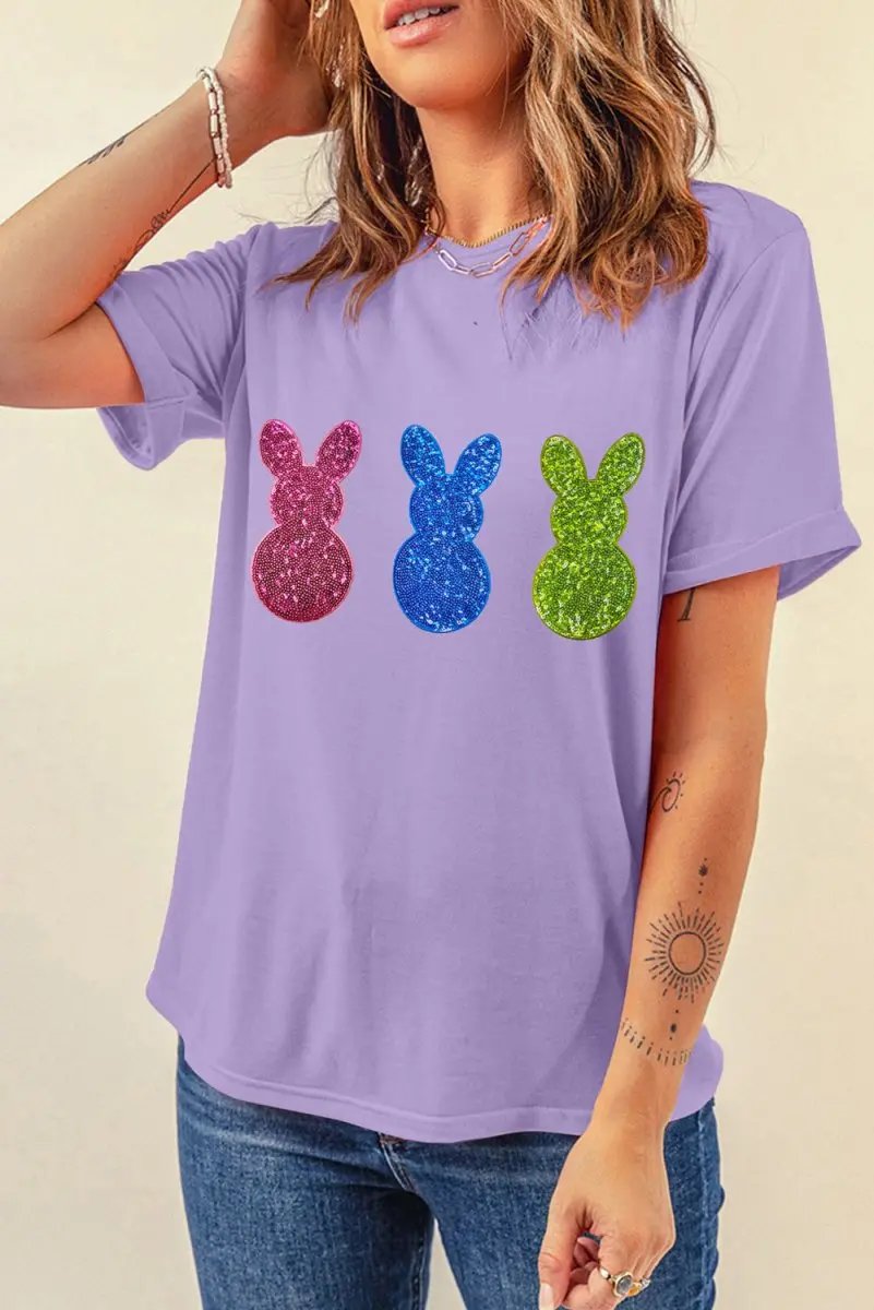 Wisteria Easter Shiny Bunny Graphic Crewneck T Shirt Casual - Love Salve 