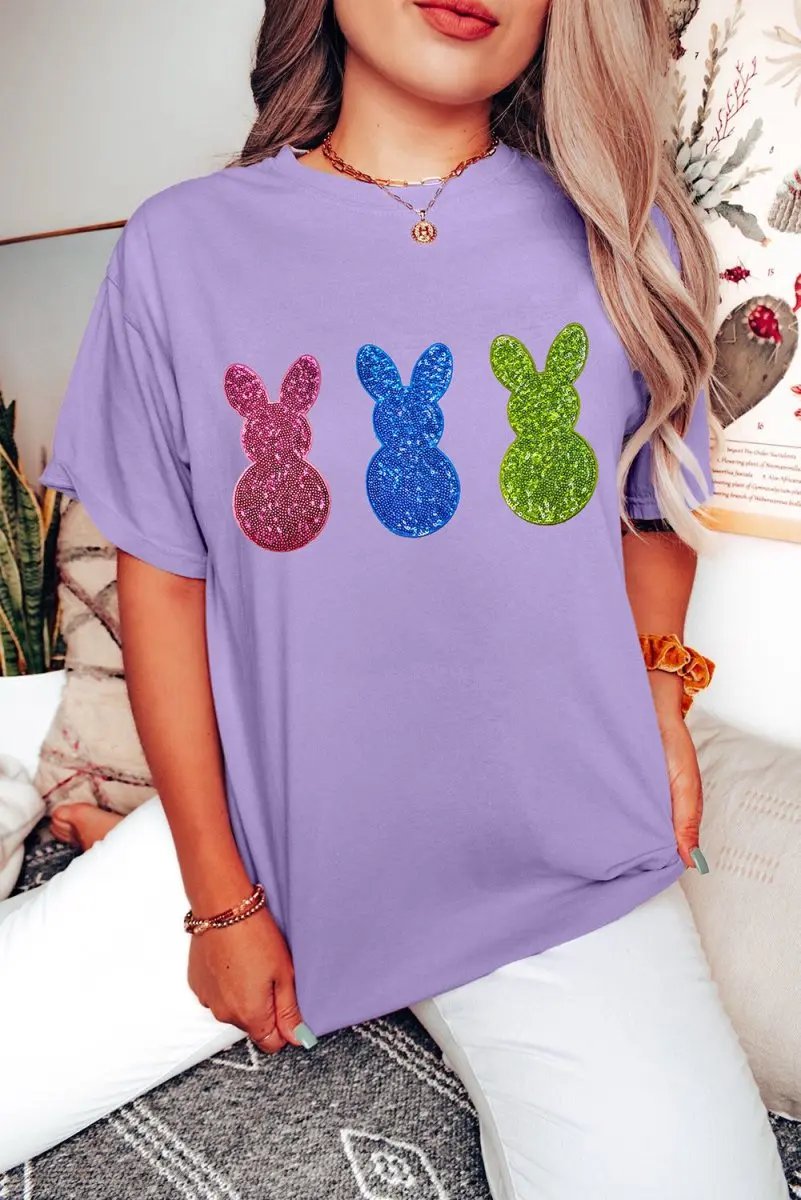 Wisteria Easter Shiny Bunny Graphic Crewneck T Shirt Casual - Love Salve 