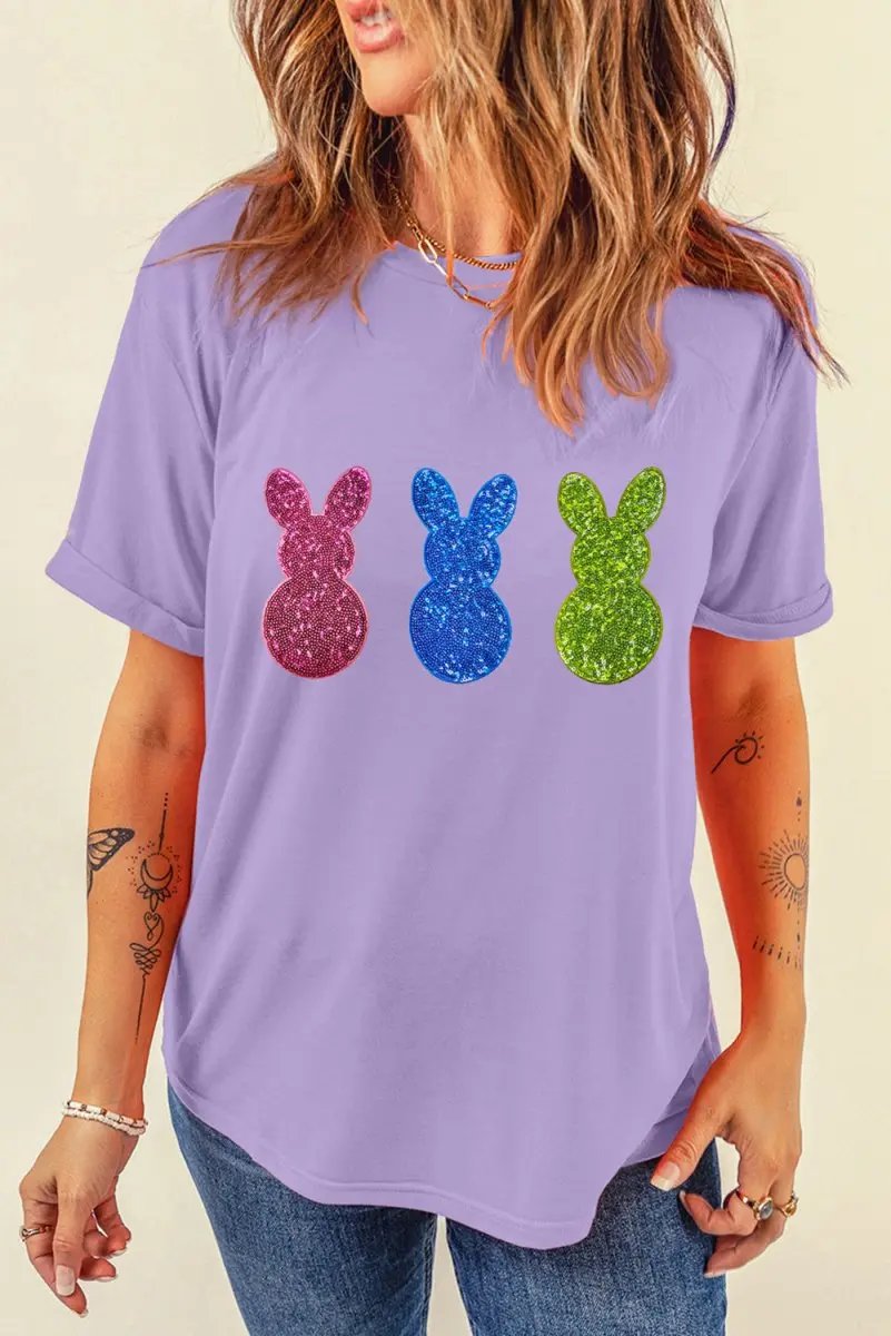 Wisteria Easter Shiny Bunny Graphic Crewneck T Shirt Casual - Love Salve 