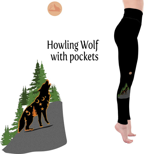MM Leggings - Howling Wolf Print & Pockets - Handmade - Main Product Image