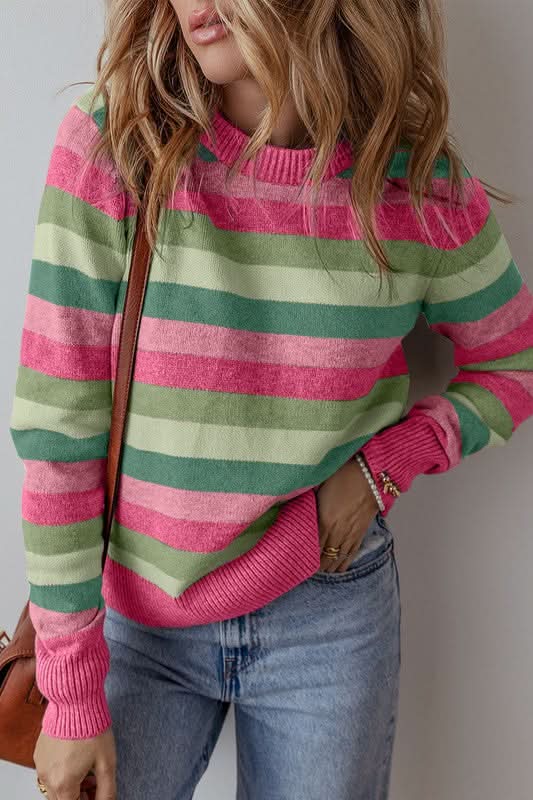 Women Color Block Ribbed Edge Round Neck Sweater - Love Salve 