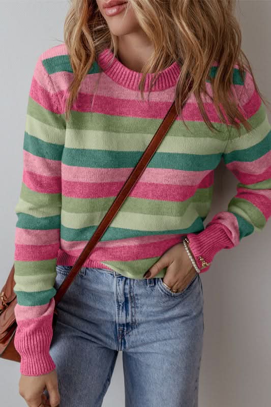 Women Color Block Ribbed Edge Round Neck Sweater - Love Salve 