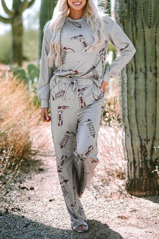 Women Printed Long Sleeve Top Pants Lounge Set - Love Salve 