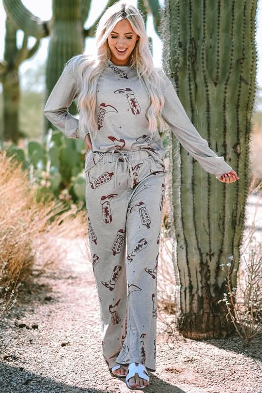 Women Printed Long Sleeve Top Pants Lounge Set - Love Salve 