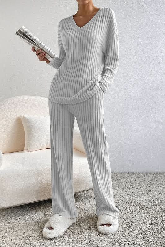 Women Ribbed Knit V Neck Slouchy Two-piece Outfit - Love Salve 