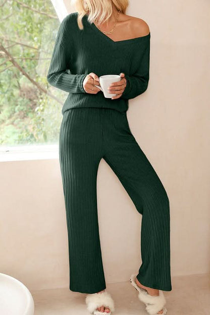 Women Ribbed Knit V Neck Slouchy Two-piece Outfit - Love Salve 