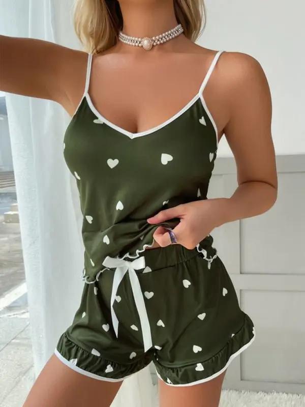 Women's Heart Print Camisole + Shorts Pajamas Two - Piece Set - Love Salve