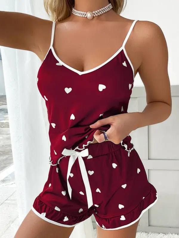 Women's Heart Print Camisole + Shorts Pajamas Two - Piece Set - Love Salve