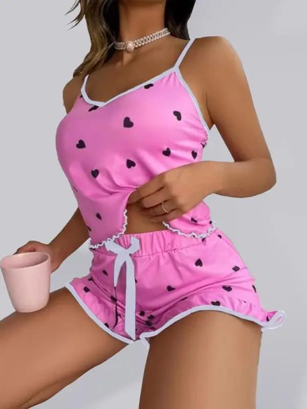 Women's Heart Print Camisole + Shorts Pajamas Two - Piece Set - Love Salve