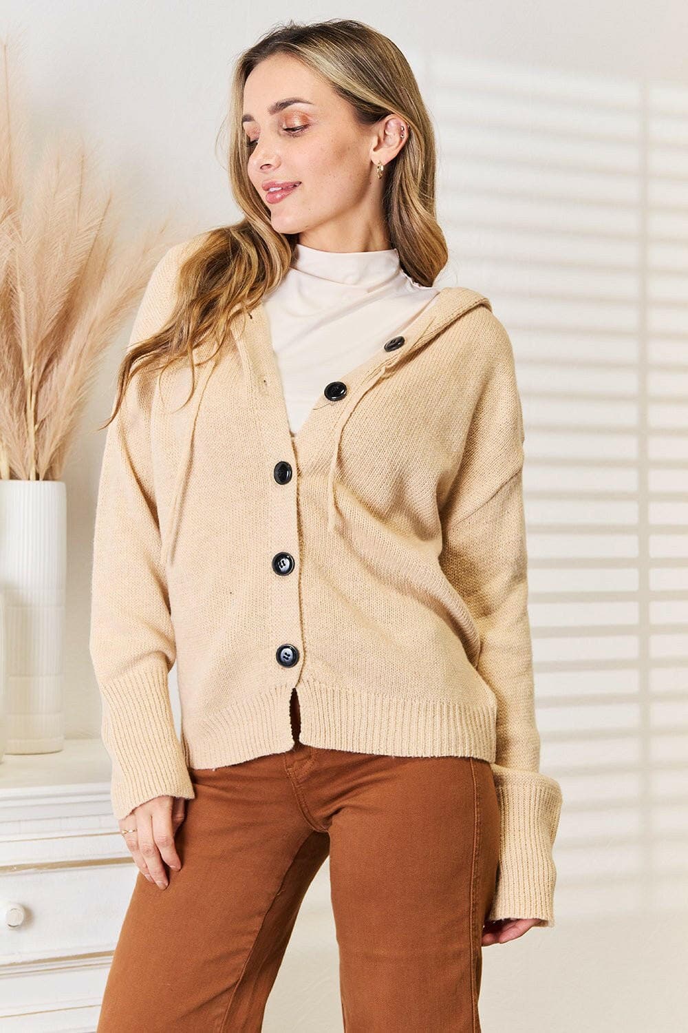 Woven Right Button-Down Long Sleeve Hooded Sweater - Love Salve