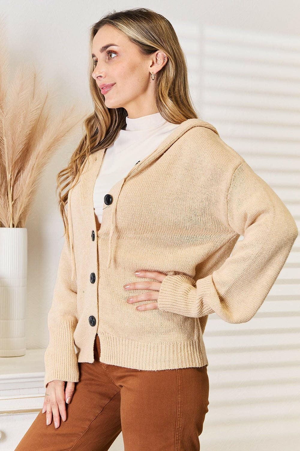 Woven Right Button-Down Long Sleeve Hooded Sweater - Love Salve