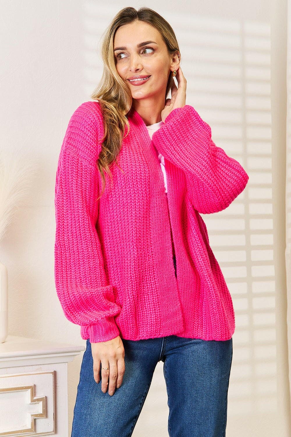 Woven Right Rib-Knit Open Front Drop Shoulder Cardigan - Love Salve