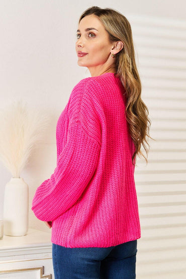 Woven Right Rib-Knit Open Front Drop Shoulder Cardigan - Love Salve