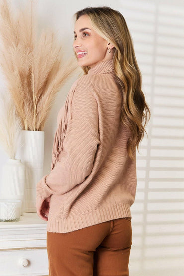 Woven Right Turtleneck Fringe Front Long Sleeve Sweater - Love Salve