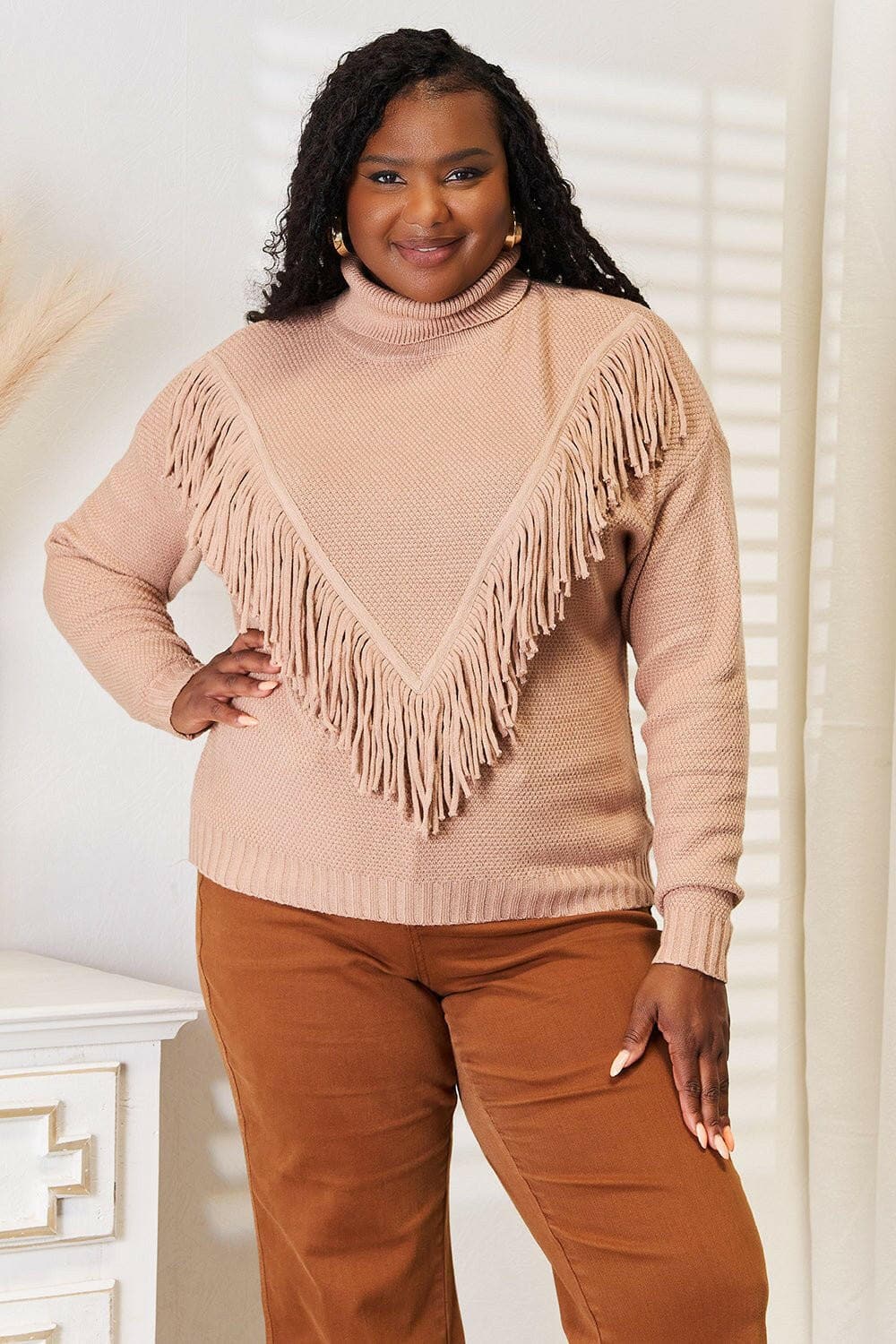 Woven Right Turtleneck Fringe Front Long Sleeve Sweater - Love Salve