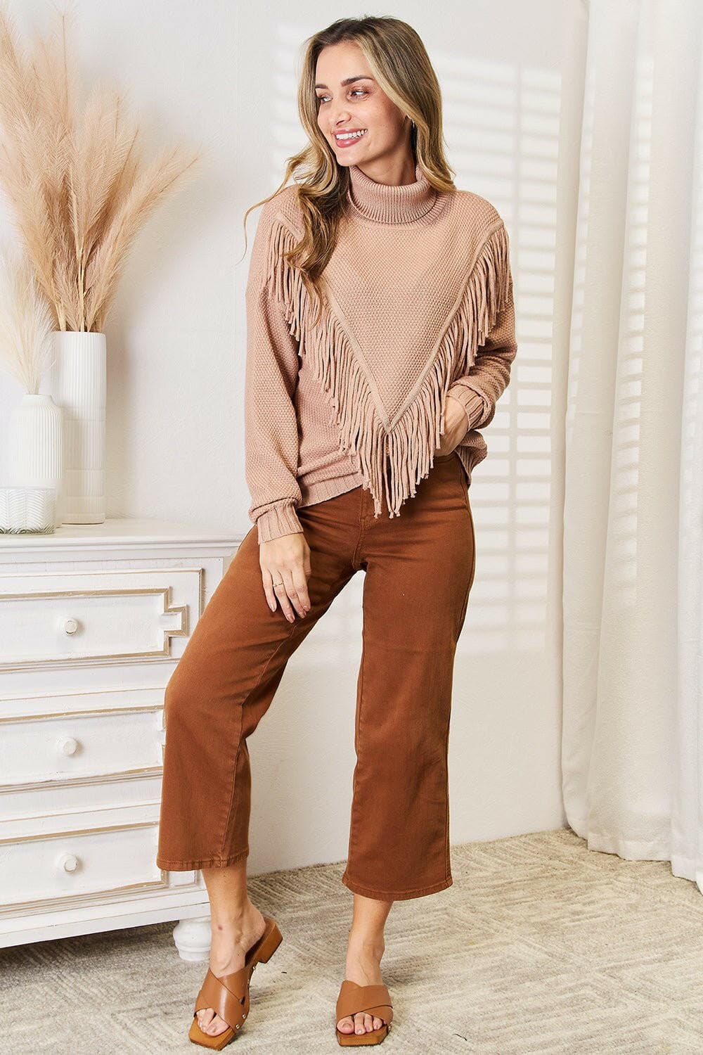 Woven Right Turtleneck Fringe Front Long Sleeve Sweater - Love Salve