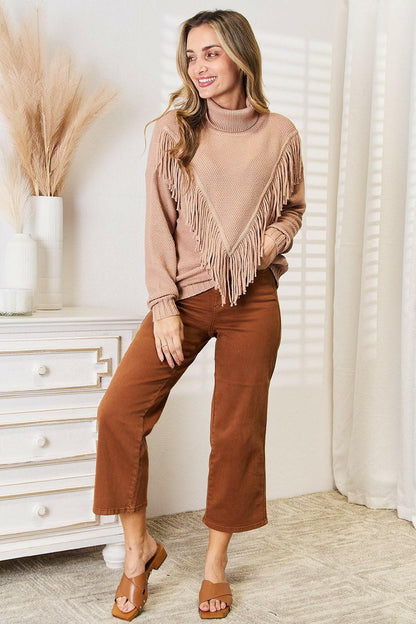 Woven Right Turtleneck Fringe Front Long Sleeve Sweater - Love Salve