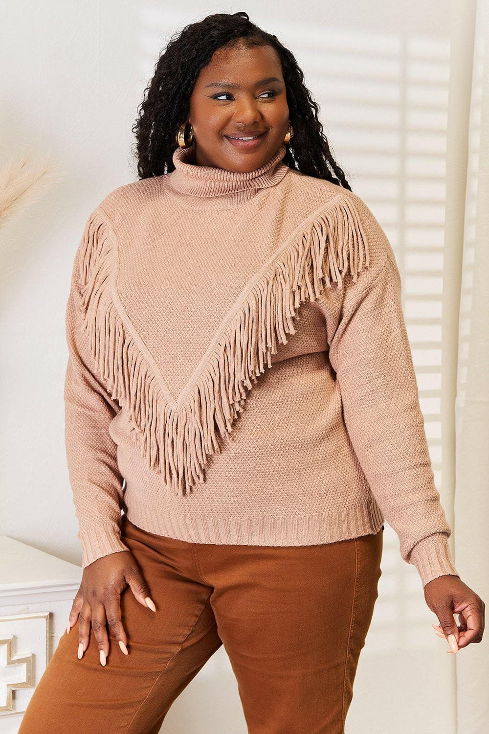 Woven Right Turtleneck Fringe Front Long Sleeve Sweater - Love Salve