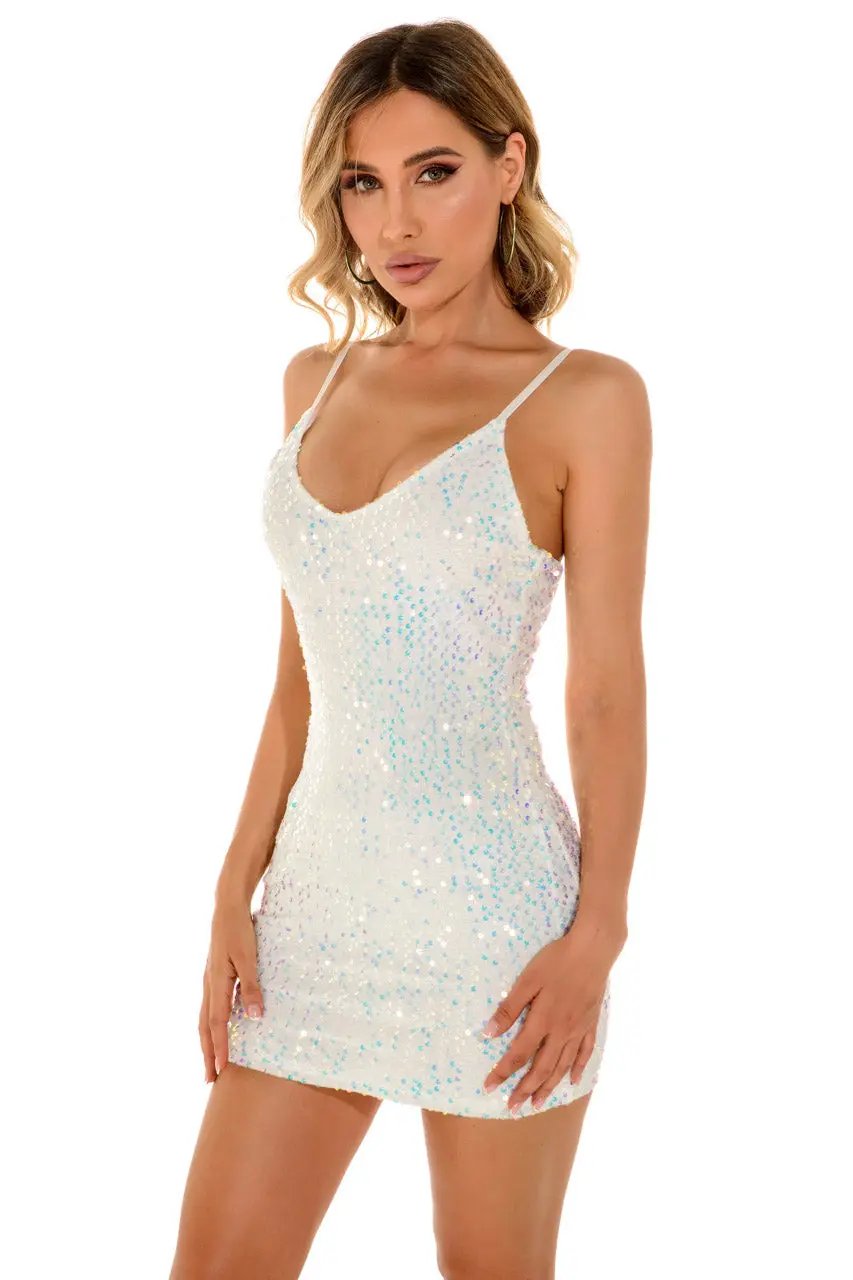 White Sequin Mini Dress 3wishes.com