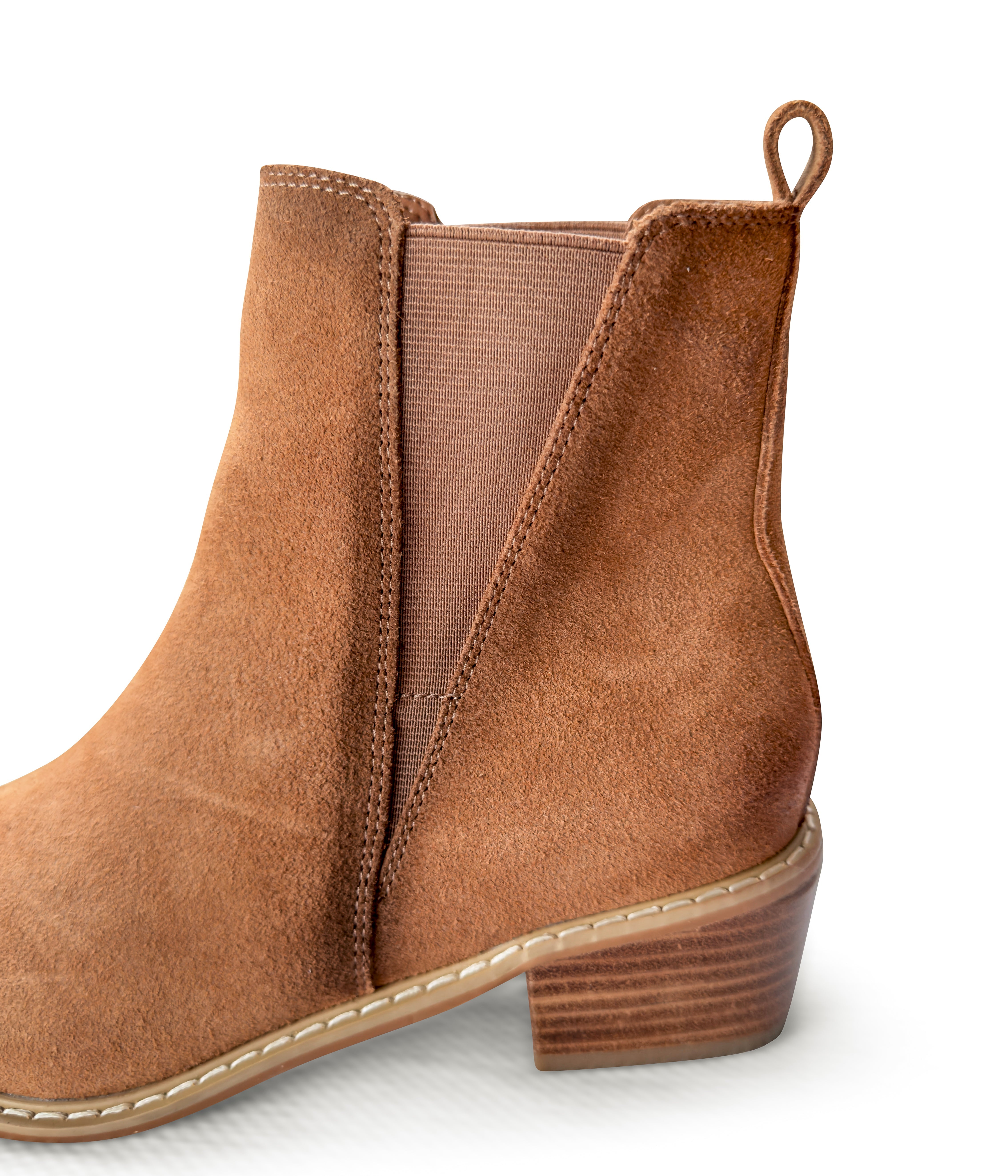 Wylie Suede Ankle Boot Tan With Elastic Sides 1.5in Heel Naughty Monkey