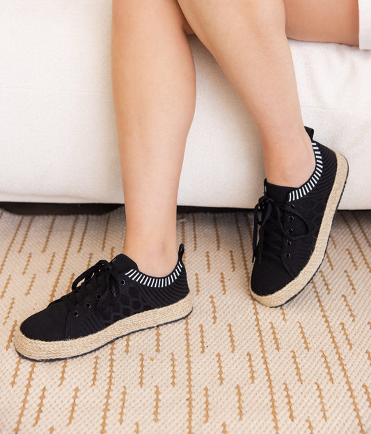 Yaras Sneakers Black Knit Upper Espadrille Platform Jute Naughty Monkey