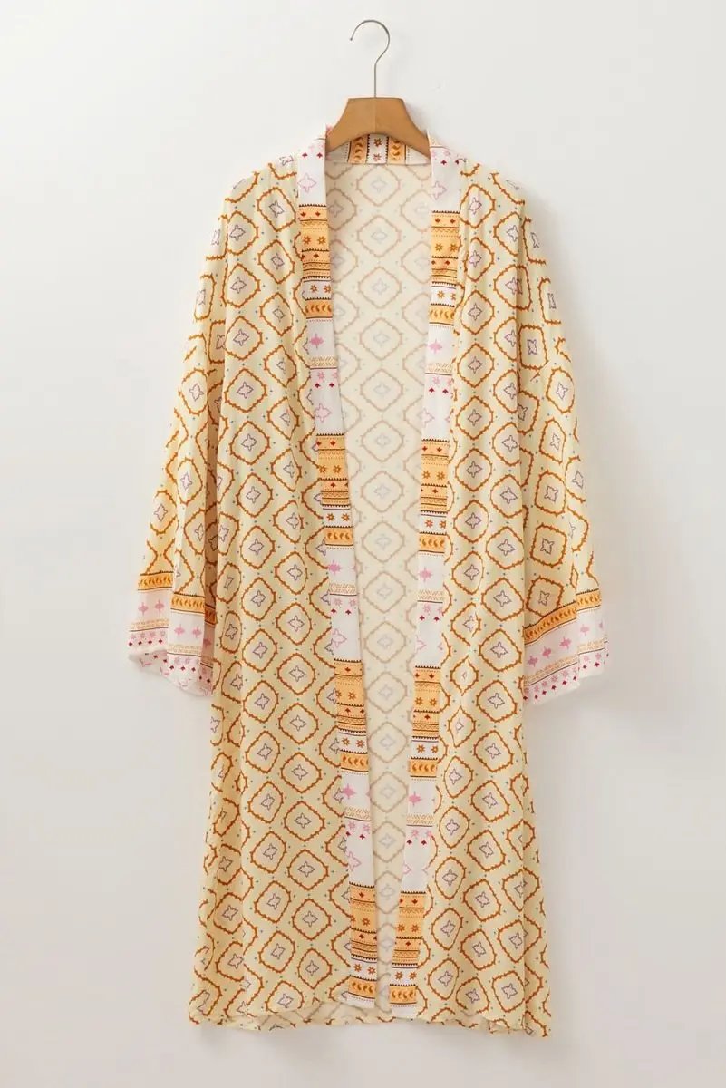 Yellow Bohemian Geometric Printed Loose Sleeve Long Kimono - Love Salve 