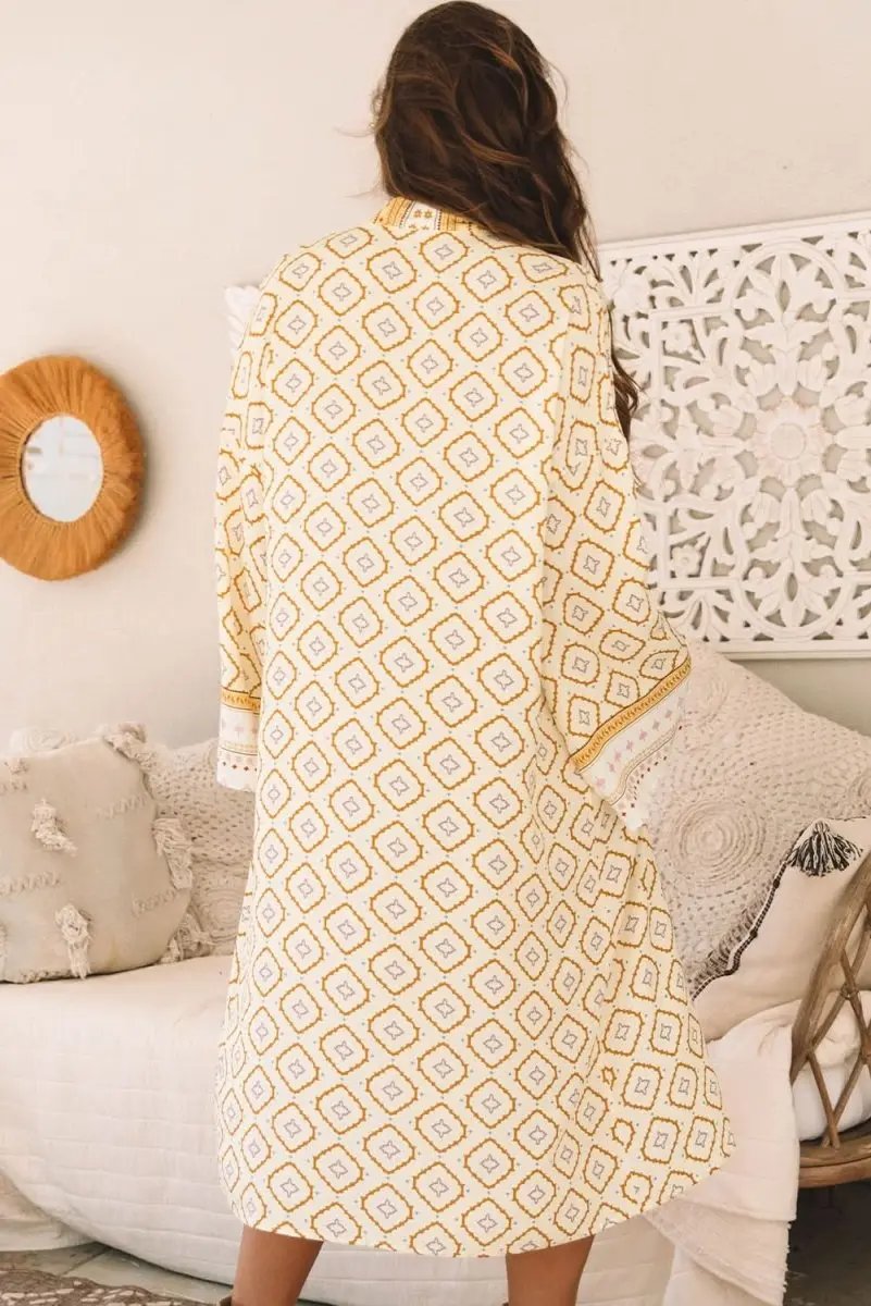 Yellow Bohemian Geometric Printed Loose Sleeve Long Kimono - Love Salve 