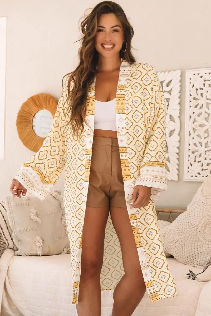 Yellow Bohemian Geometric Printed Loose Sleeve Long Kimono - Love Salve 