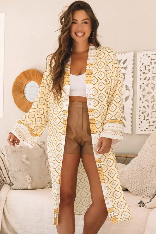 Yellow Bohemian Geometric Printed Loose Sleeve Long Kimono - Love Salve 