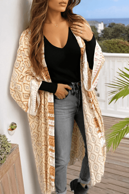 Yellow Bohemian Geometric Printed Loose Sleeve Long Kimono - Love Salve 