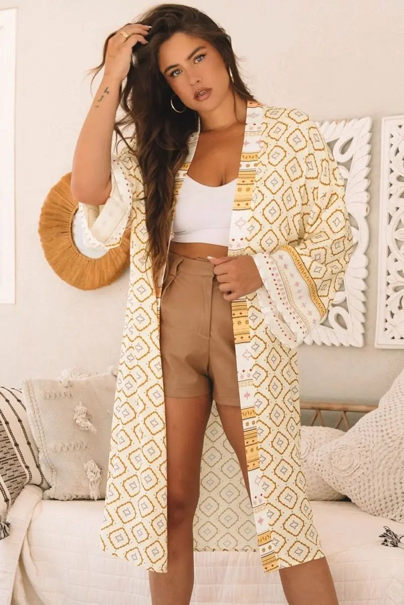 Yellow Bohemian Geometric Printed Loose Sleeve Long Kimono - Love Salve 