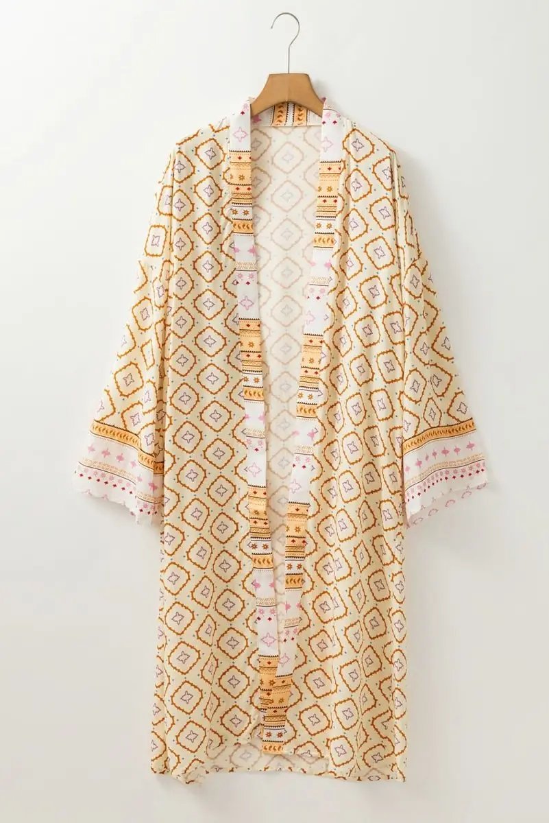 Yellow Bohemian Geometric Printed Loose Sleeve Long Kimono - Love Salve 